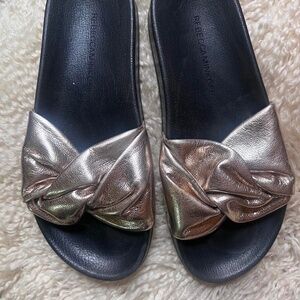 Rebecca Minkoff Women Gold Footbed Samara Slip-On Leather Slide Sandals.